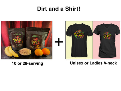 Dragon Dirt & T-Shirt Bundle - 10 or 28-serving Size Bags with Unisex or Ladies V-neck T